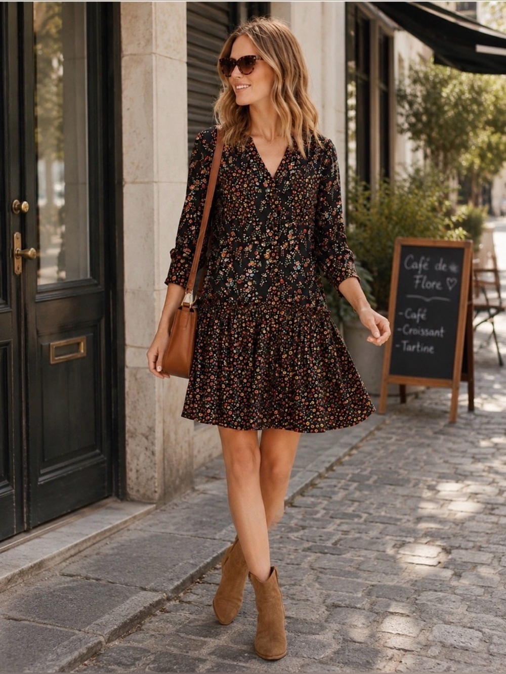 ANTHROPOLOGIE MAEVE Marlie Button Front Black Floral Print Mini Tunic Dress Sz 2